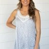 P & Rose Slate Blue And Ivory Crochet Trim Top Tops