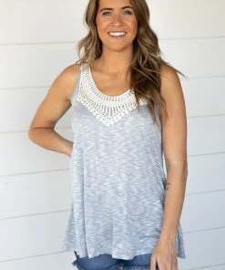 P & Rose Slate Blue And Ivory Crochet Trim Top Tops