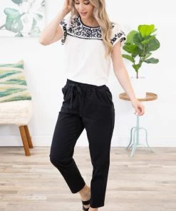 Mittoshop Bottoms Black Elastic Waist Straight Leg Twill Pants