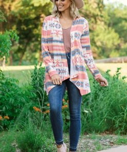 Andree By Unit LONG SLEEVES Salmon Multicolor Aztec Print Cardigan