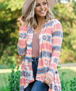 Andree By Unit LONG SLEEVES Salmon Multicolor Aztec Print Cardigan