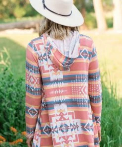Andree By Unit LONG SLEEVES Salmon Multicolor Aztec Print Cardigan