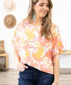 Summer 10 Salmon And Orange Marble Print Top Tops