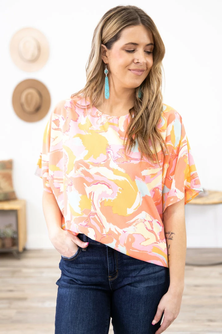 Summer 10 Salmon And Orange Marble Print Top Tops 3 Summer 10 Salmon And Orange Marble Print Top Tops