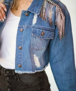 Denim BLVD Outerwear Medium Wash Beaded Fringe Denim Jacket