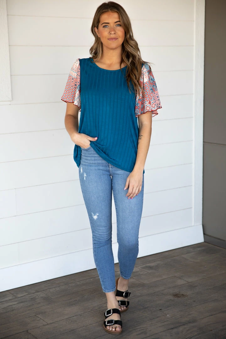 Haptics Teal Multicolor Boho Printed Sleeve Top Tops 4 Haptics Teal Multicolor Boho Printed Sleeve Top Tops