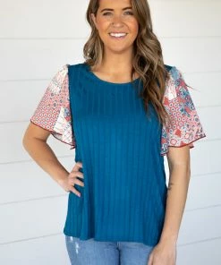 Haptics Teal Multicolor Boho Printed Sleeve Top Tops