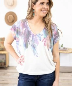 Enti White And Purple Feather Print Top