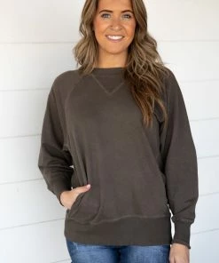 Zenana Tops Brown Pigment Dyed Sweatshirt