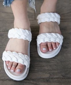 East Lion White Braided Strap Slide On Sandals