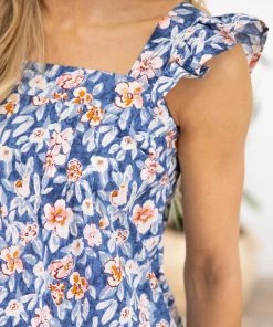 Davi & Dani SHORT SLEEVES Blue And Yellow Floral Print Ruffle Strap Tank
