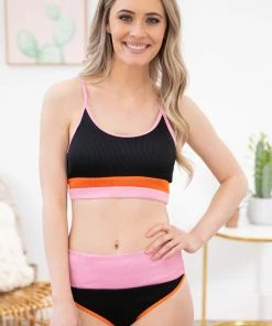 Shewin Black And Pink Colorblock Two Piece Swimsuit