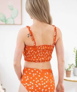 Shew SWIMWEAR Orange Ditsy Floral Smocked Two Piece Swimsuit