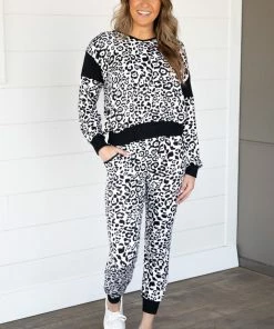 Together Clothing Tops Black And White Animal Print Jogger Set