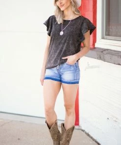 BIBI SHORT SLEEVES Charcoal Acid Wash Flutter Sleeve Top 7 BIBI SHORT SLEEVES Charcoal Acid Wash Flutter Sleeve Top