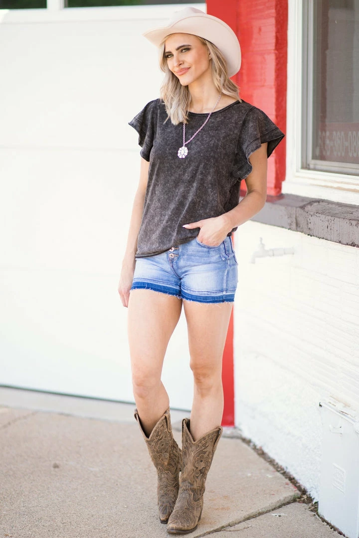 BIBI SHORT SLEEVES Charcoal Acid Wash Flutter Sleeve Top 5 BIBI SHORT SLEEVES Charcoal Acid Wash Flutter Sleeve Top