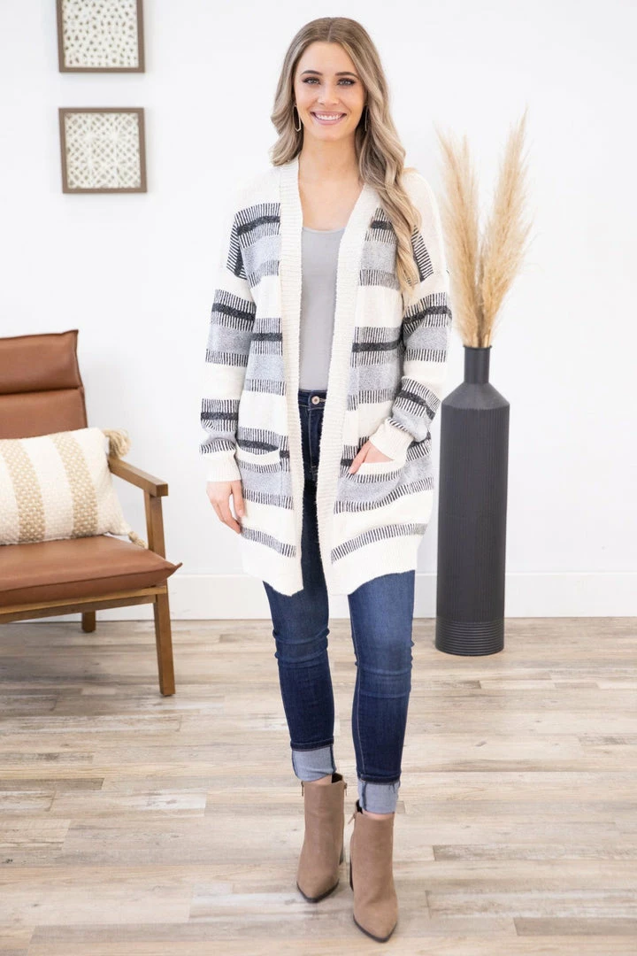 Staccato CARDIGANS Grey And Ivory Stripe Cardigan With Pockets 8 Staccato CARDIGANS Grey And Ivory Stripe Cardigan With Pockets