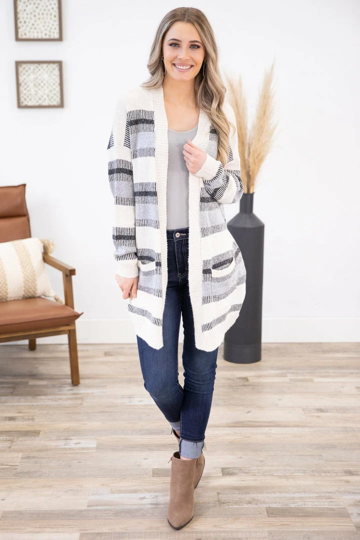 Staccato CARDIGANS Grey And Ivory Stripe Cardigan With Pockets 6 Staccato CARDIGANS Grey And Ivory Stripe Cardigan With Pockets
