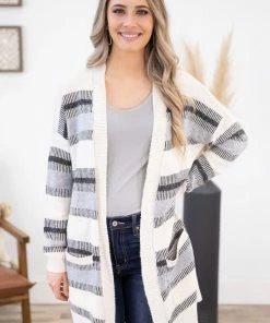 Staccato CARDIGANS Grey And Ivory Stripe Cardigan With Pockets