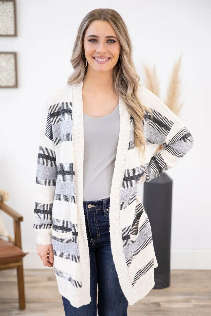 Staccato CARDIGANS Grey And Ivory Stripe Cardigan With Pockets 3 Staccato CARDIGANS Grey And Ivory Stripe Cardigan With Pockets