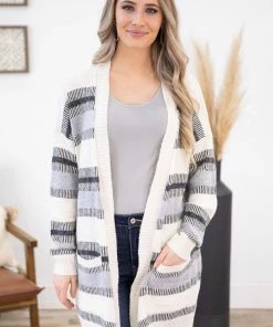 Staccato CARDIGANS Grey And Ivory Stripe Cardigan With Pockets