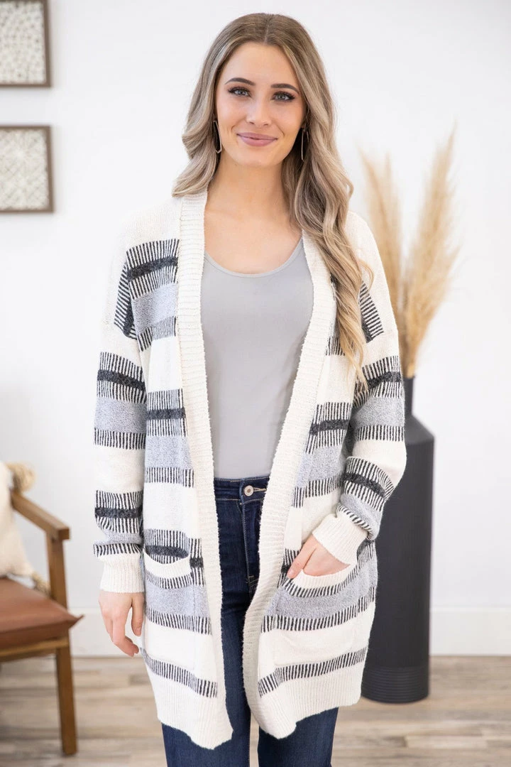 Staccato CARDIGANS Grey And Ivory Stripe Cardigan With Pockets 4 Staccato CARDIGANS Grey And Ivory Stripe Cardigan With Pockets