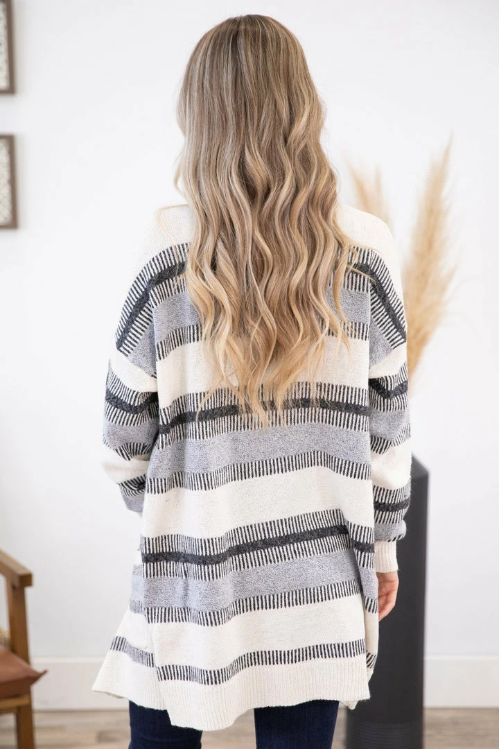 Staccato CARDIGANS Grey And Ivory Stripe Cardigan With Pockets 5 Staccato CARDIGANS Grey And Ivory Stripe Cardigan With Pockets