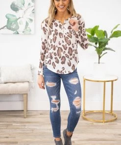 Phil Love Ivory And Mocha Animal Print V-Neck Top LONG SLEEVES