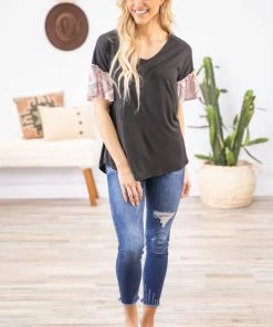 Melon SHORT SLEEVES Black Multicolor Top With Chevron Bell Sleeves