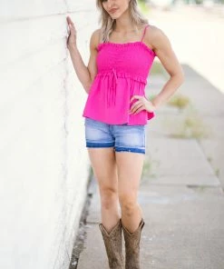 BIBI TANK TOPS Hot Pink Smocked Bodice Tie Front Tank