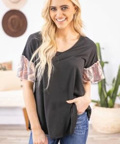 Melon SHORT SLEEVES Black Multicolor Top With Chevron Bell Sleeves