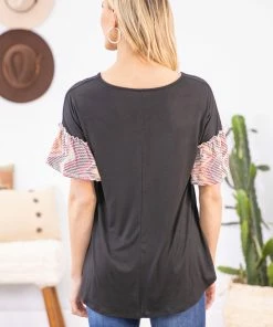 Melon SHORT SLEEVES Black Multicolor Top With Chevron Bell Sleeves
