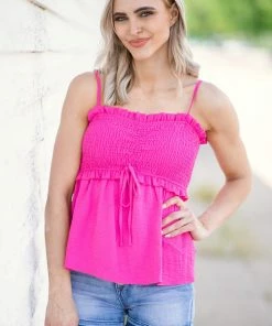 BIBI TANK TOPS Hot Pink Smocked Bodice Tie Front Tank