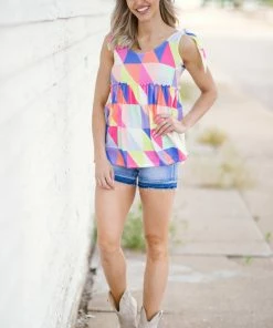 BIBI Coral Multicolor Geometric Print Babydoll Tank 8 BIBI Coral Multicolor Geometric Print Babydoll Tank