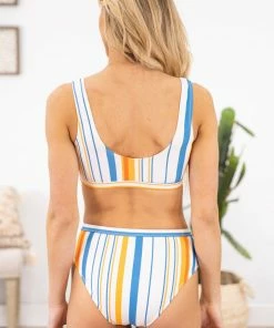 Shewin Blue And Orange Stripe Two Piece Swimsuit SWIMWEAR 10 Shewin Blue And Orange Stripe Two Piece Swimsuit SWIMWEAR