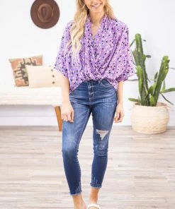 Twenty Ten Tops Lavender Animal Print Drape Front Top