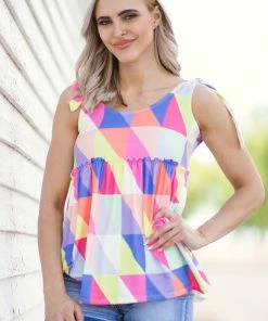 BIBI Coral Multicolor Geometric Print Babydoll Tank