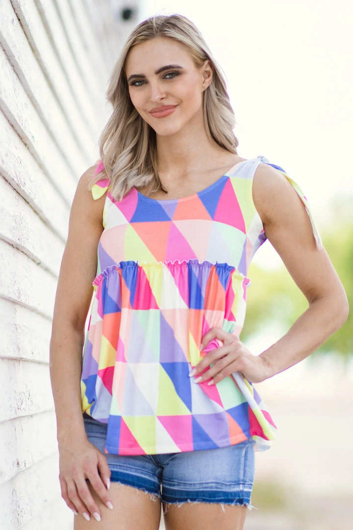 BIBI Coral Multicolor Geometric Print Babydoll Tank 4 BIBI Coral Multicolor Geometric Print Babydoll Tank