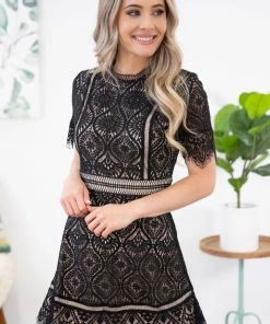 Hailey And Co Black Short Sleeve Scallop Hem Lace Dress