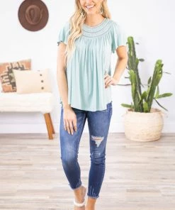 ALLIE ROSE Tops Mint Pleat Detail Flutter Sleeve Top