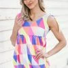 BIBI Coral Multicolor Geometric Print Babydoll Tank