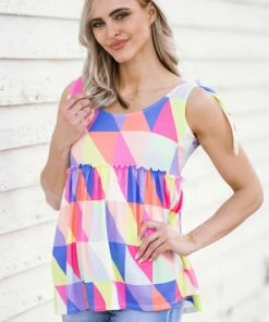 BIBI Coral Multicolor Geometric Print Babydoll Tank