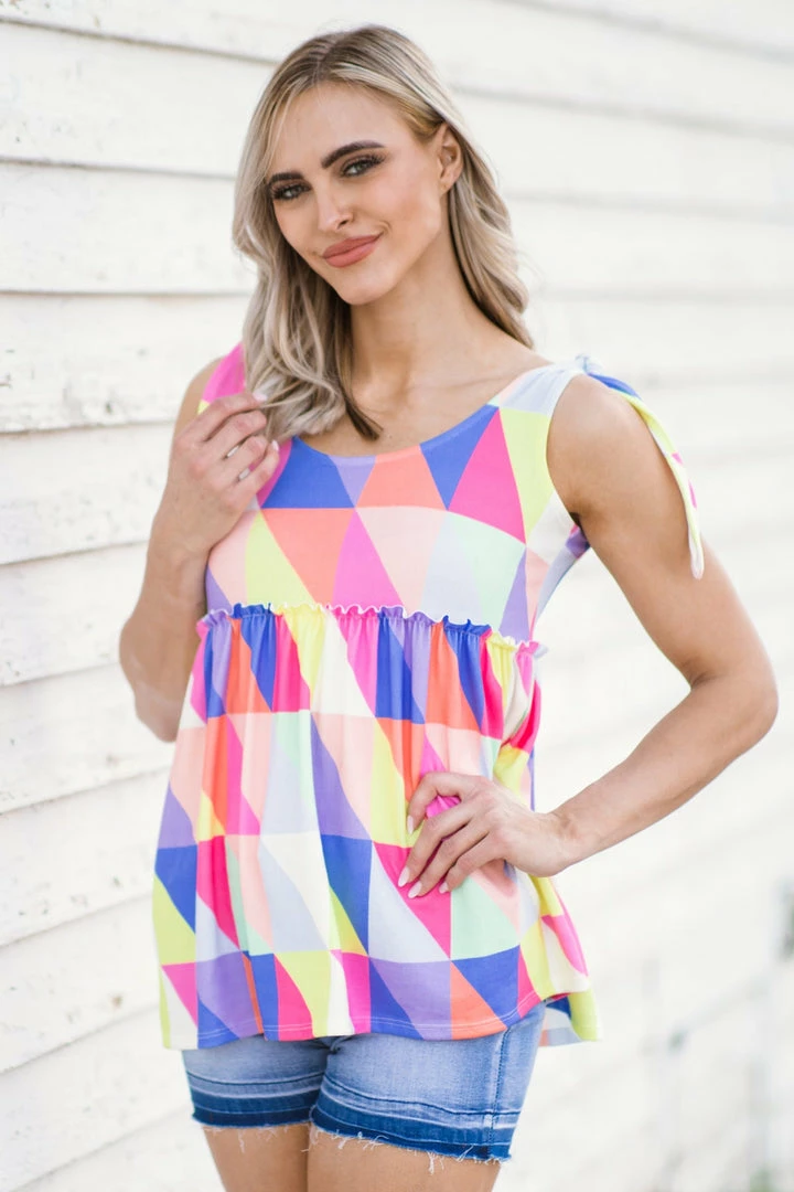 BIBI Coral Multicolor Geometric Print Babydoll Tank 3 BIBI Coral Multicolor Geometric Print Babydoll Tank