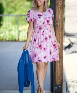 White Birch Dresses Baby Pink Floral Print Smocked Waist Dress