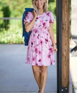 White Birch Dresses Baby Pink Floral Print Smocked Waist Dress