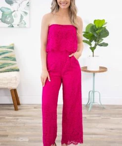 Rousseau Hot Pink Strapless Lace Jumpsuit
