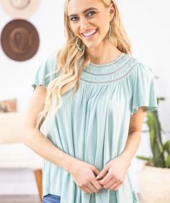 ALLIE ROSE Tops Mint Pleat Detail Flutter Sleeve Top