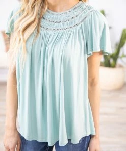 ALLIE ROSE Tops Mint Pleat Detail Flutter Sleeve Top