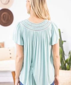 ALLIE ROSE Tops Mint Pleat Detail Flutter Sleeve Top