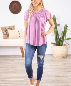 ALLIE ROSE Orchid Pleat Detail Flutter Sleeve Top Tops
